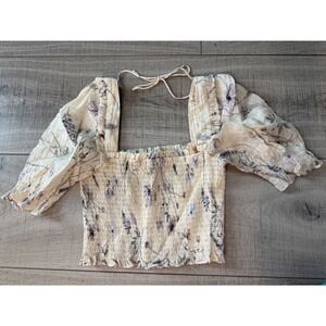 HM Floral Smocked Puff Sleeve Crop Top